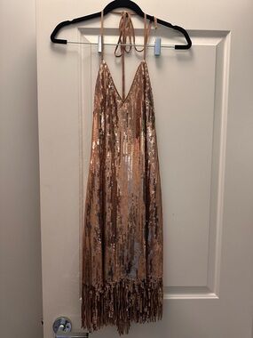 Gold Sequin Fringe Halter Mini Dress